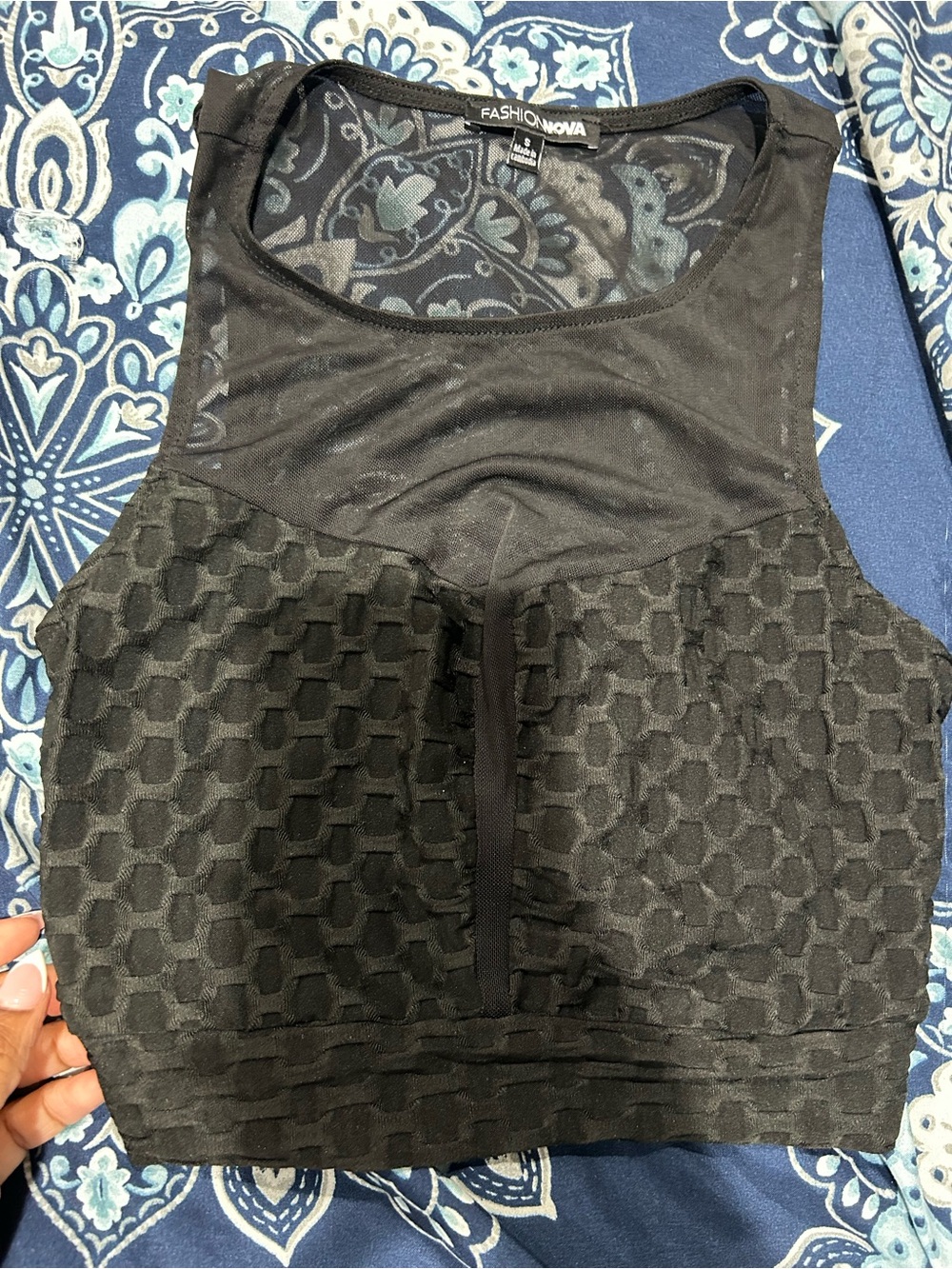 Fashion Nova Black Textured Mesh Panel Crop Top